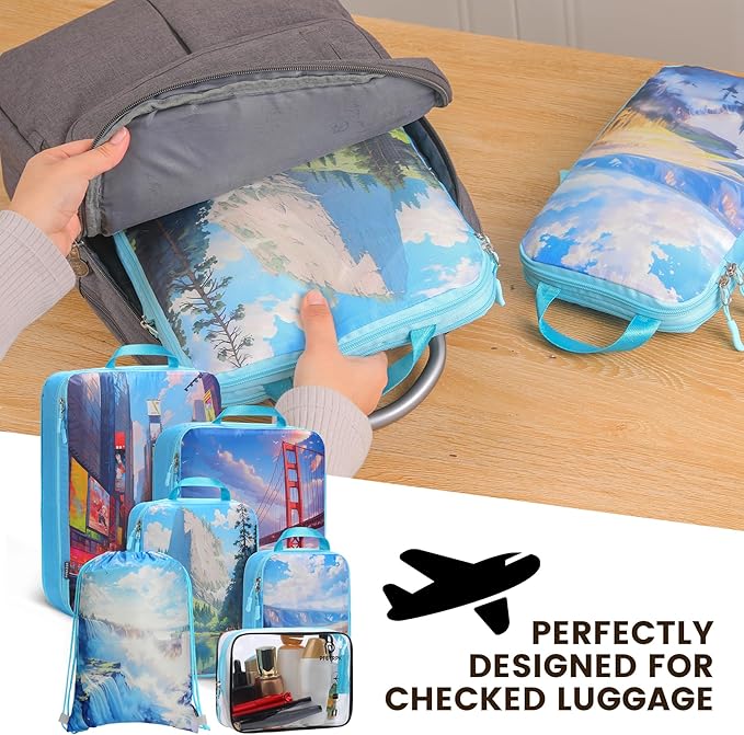 Lightweight Compression Packing Cubes for Suitcases, Compressible Expandable Travel Packing Organizer with Clear Toiletries and Backpack Bag, Travel Essentials for Carry on Luggage 7 Set