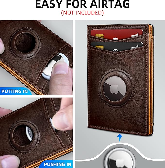Airtag Wallet for Men- with Money Clip Gift Boxed, Magnetic Closure Slim Genuine Leather Front Pocket Wallet, 4.1"x 2.8", RFID Blocking