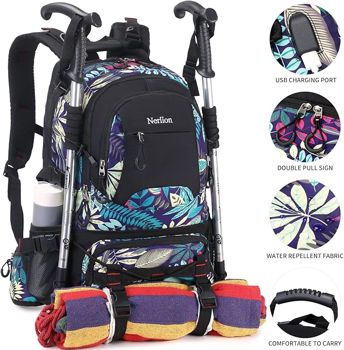 Nerlion 40L Hiking Backpack Travel Backpack for Men Women Camping Waterproof Outdoor Hiking Daypack Lightweight Backpack (Blue Leaves)