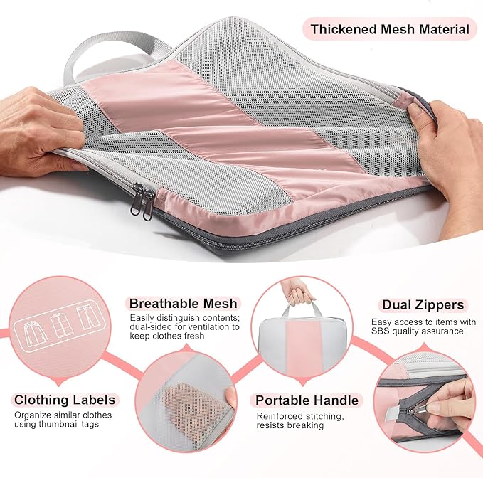 8 Set Compression Packing Cubes for Travel Essentials,Compressible Expandable Packing Cubes for Suitcase,OlarHike Luggage Organizer Bags for Travel,Handy Helper for Organizing Clothes(Pink)