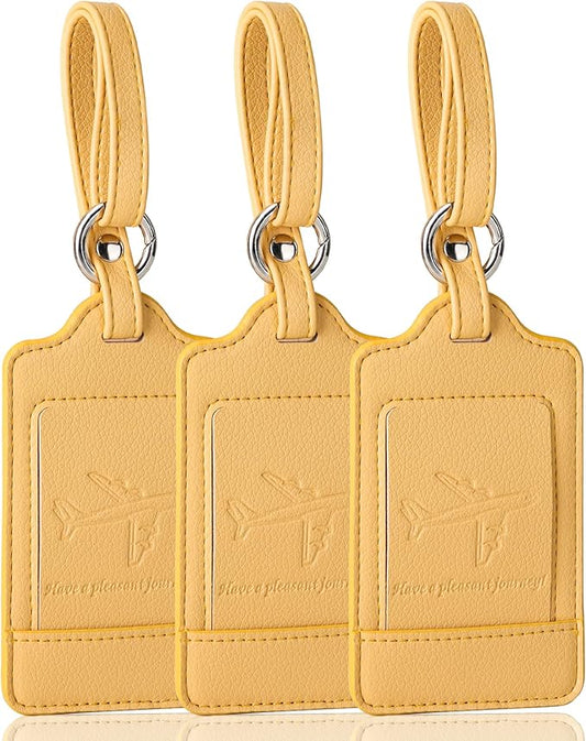 Teskyer Luggage Tags, 3 Pack Premium PU Leather Luggage Tags for Suitcases, Privacy Protection Travel Bag Tags, Lichee Yellow