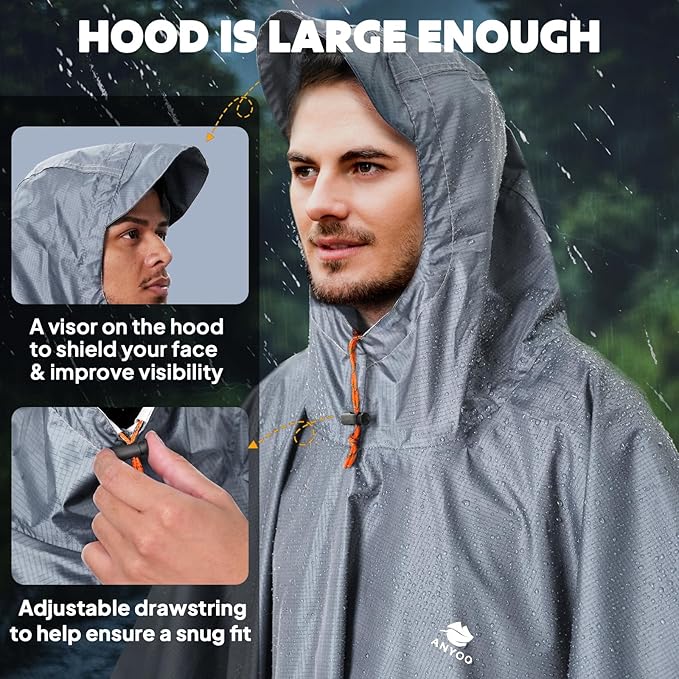 ANYOO Hooded Rain Poncho for Adults Waterproof Lightweight Rain Coat for Men Women Reusable Rain Jacket for Emergency Outdoor