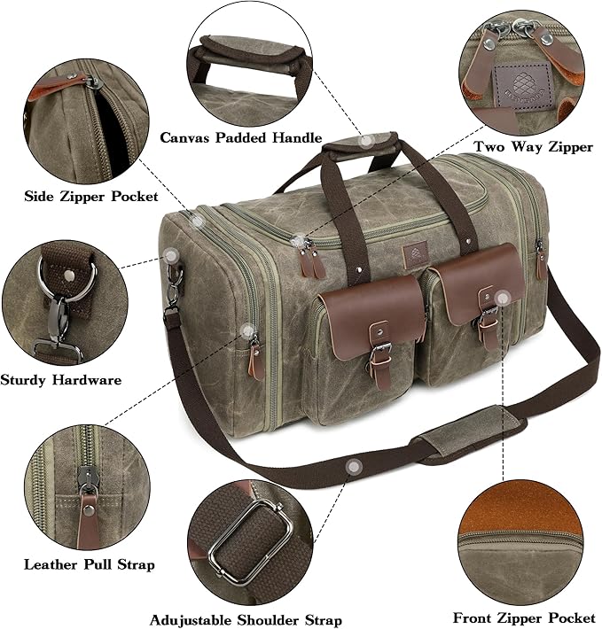 Waxed Canvas Duffle Bag for Men 50L Travel Duffel Bags Expandable Genuine Leather Duffel Overnight Weekender Carry On Bag Two Zipper Pockets Travel Bag (Vintage Grey, Large-50L)