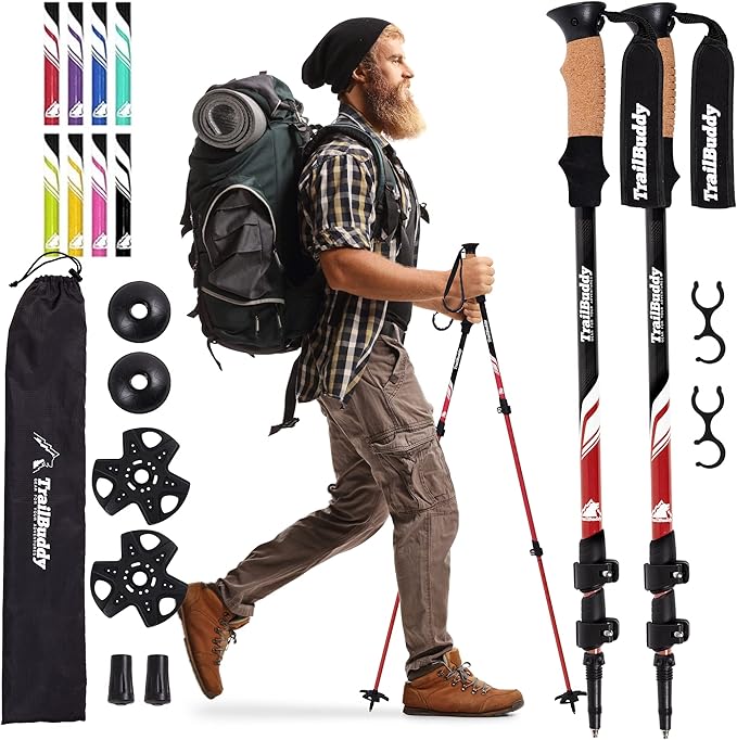 TrailBuddy Trekking Poles - Lightweight, Collapsible Hiking Poles for Snowshoe & Backpacking Gear - Pair of 2 Walking Sticks for Hiking, 7075 Aluminum with Cork Grip