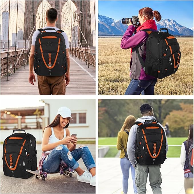 18.4 Laptop Backpack Women Men, 55L-60L Flight Approved Extra Large Travel Backpack RFID Anti Theft and TSA Friendly Backpack, Water Resistant College School Heavy Duty With USB Charging Port, Orange