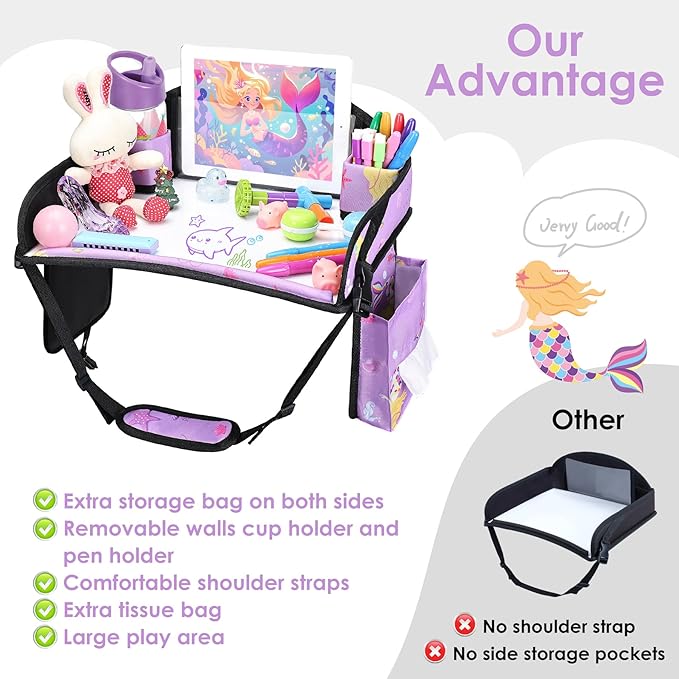 Kids Travel Tray for Airplane - Toddler Car Seat Table Tray, Road Trip Essentials for Boys & Girls, Carseat Lap Desk for Kids Road Trip Activities (Purple Mermaid)