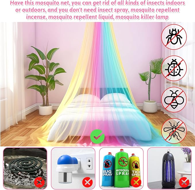 Mosquito Net for Bed, Large White Bed Canopy for Girls, Hanging Bed Net, Ideal for Bedroom Decorative, Travel with Storage Bag (Rainbow1)