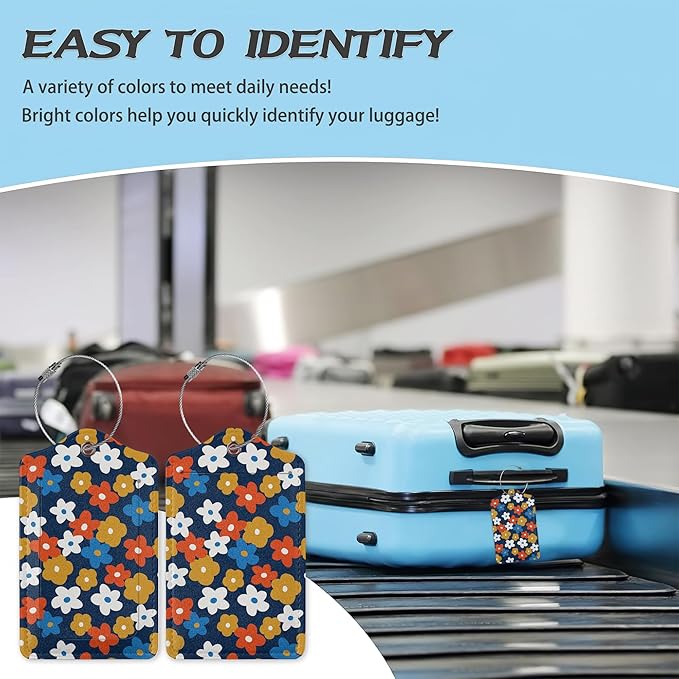 3 Pack Luggage Tag for Suitcase,Vintage Groovy Flowers Leather Luggage Tags with Privacy Cover Name ID Label Identifiers Travel Bag Tags for Women Men Boys Girls