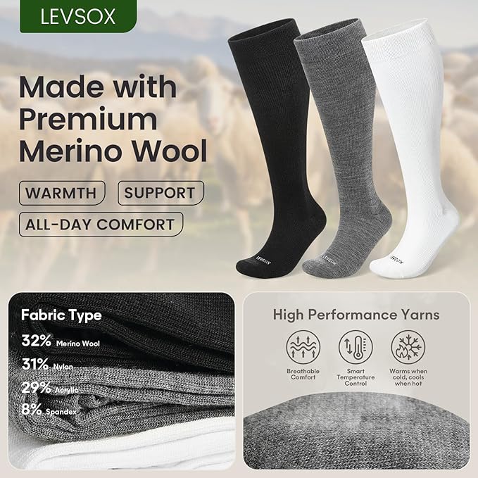 LEVSOX Merino Wool Compression Socks for Women & Men 20-30 mmHg Knee High Graduated Support Socks for Nurses Pregnancy Travel