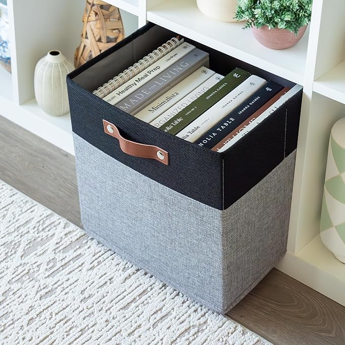 OrganiHaus 13x13 Cube Fabric Storage Bins Set of 4, Fabric Storage Cubes w/ Vegan Handles, 13 inch Collapsible Bins for Clothes & Toy Organizer, Cubbies Organizer, 13x13 Basket for Decor - Grey/Black