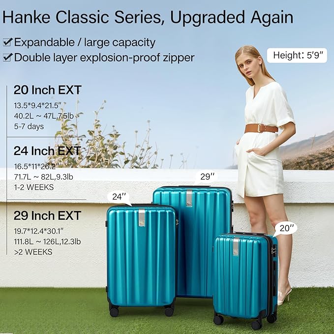 Hanke Expandable Hard Shell Luggage Sets 2 piece Carry on Luggage with Wheels Suitcases Lightweight Checked Tsa Luggage Rolling Large Suitcase Travel Luggage Bag Woman Men 20/29 Inch(Caribbean Blue)