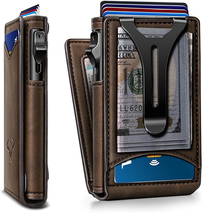 BULLIANT Men Wallet,Money Clip Wallet Slim For Gift Men 9Cards-Metal Credit Card Case in Magnetic Leather Flip