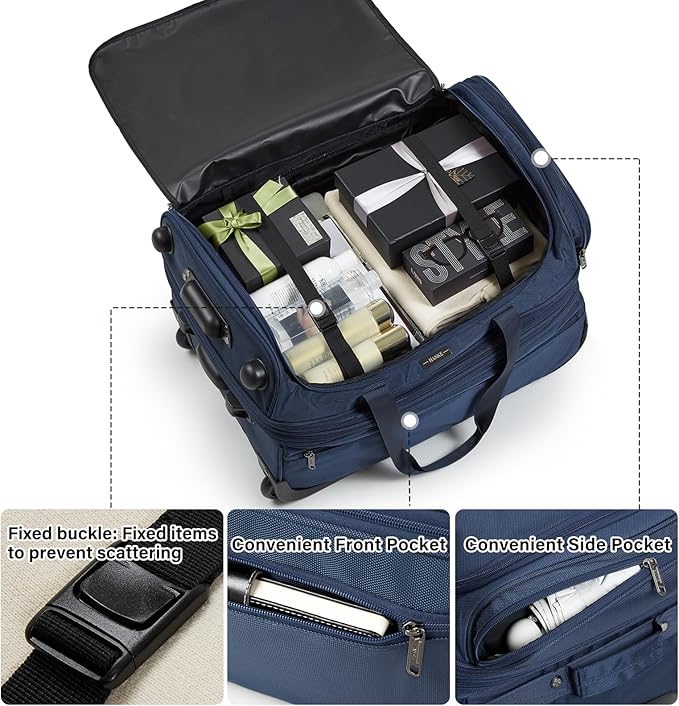 Hanke Large Expandable checked Luggage Suitcases with Wheels Foldable Duffle Bag for Travel suitcase for Women Men Garment Bag（Blue）