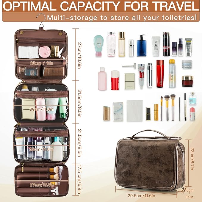 Elviros Hanging Toiletry Bag Removable Travel Bag PU leather Makeup Cosmetic Organizer Kit, Coffee