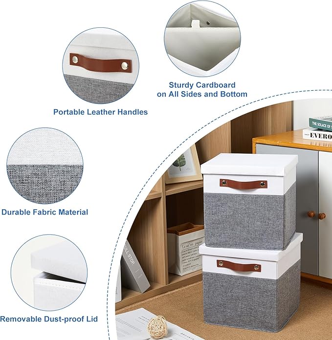 Temary Foldable Fabric Storage Bins with Lids, 2-Pack Storage Bin for Organizing Living Room, Closet Organization, Multi-Purpose Storage Boxes for Clothes (White&Grey, 10.5x10.5x10.5in)