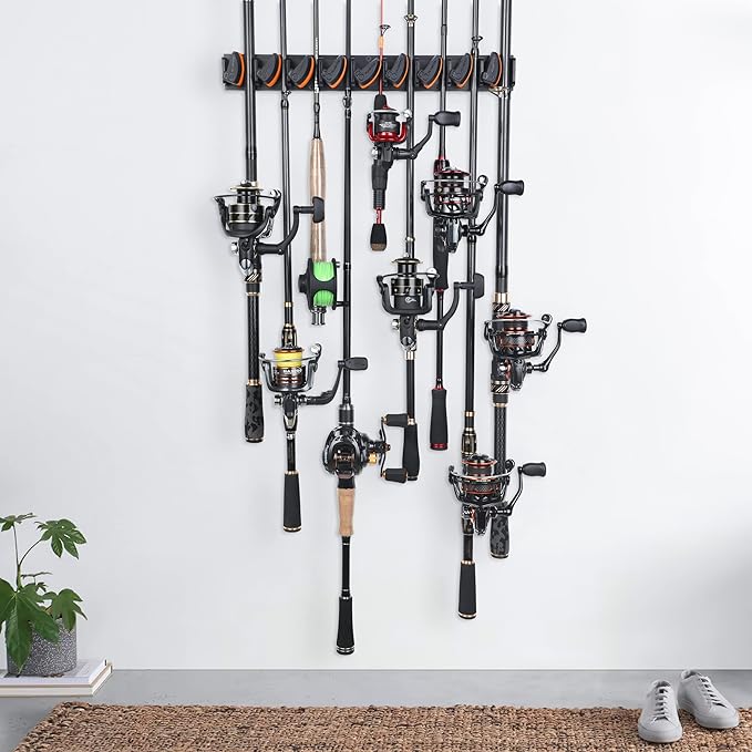 PLUSINNO V9 Vertical Fishing Rod Holders, 2 Packs Wall Mounted Fishing Pole Holders, Fishing Rod Racks Hold Up to 18 Rods or Combos, Fishing Pole Holders for Garage, Fits Most Rods of Diameter 3-19mm