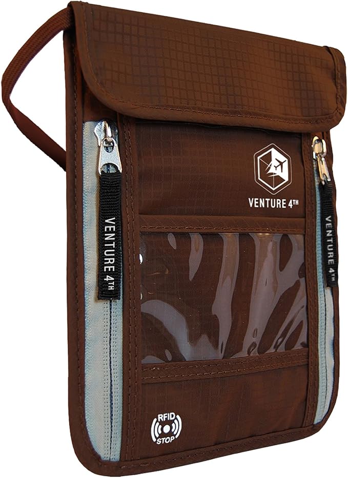 VENTURE 4TH Passport Holder Neck Wallet with RFID Blocking Nylon Lining - Hidden Neck Pouch for Travel (Brown)