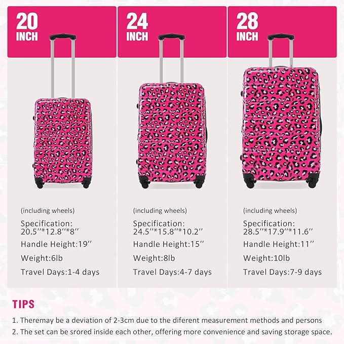 Merax Luggage Sets 3 Piece, Hardside Expandable Suitcase Set with Spinner Wheels, Lightweight Leopard Luggage 20+24+28 IN, Leopard Hot Pink