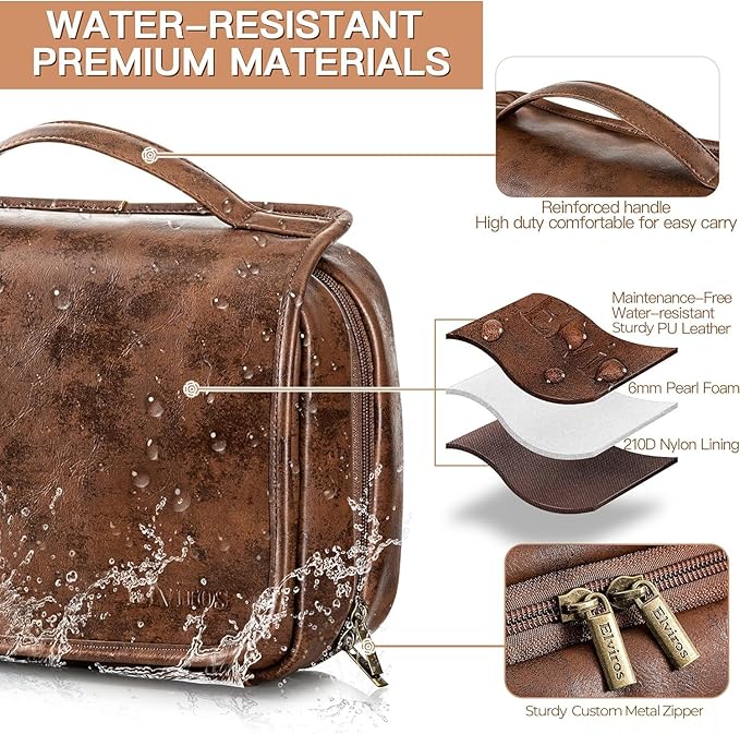 Elviros Hanging Toiletry Bag Removable Travel Bag PU leather Makeup Cosmetic Organizer Kit, Dark Brown