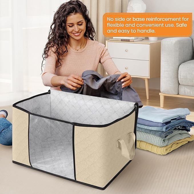 Fab totes 4 Pack Clothes Storage, Foldable Thick Fabric Blanket Storage Bags, Containers for Organizing Bedroom, Closet, Clothing, Comforter, Organization with Handle,Beige