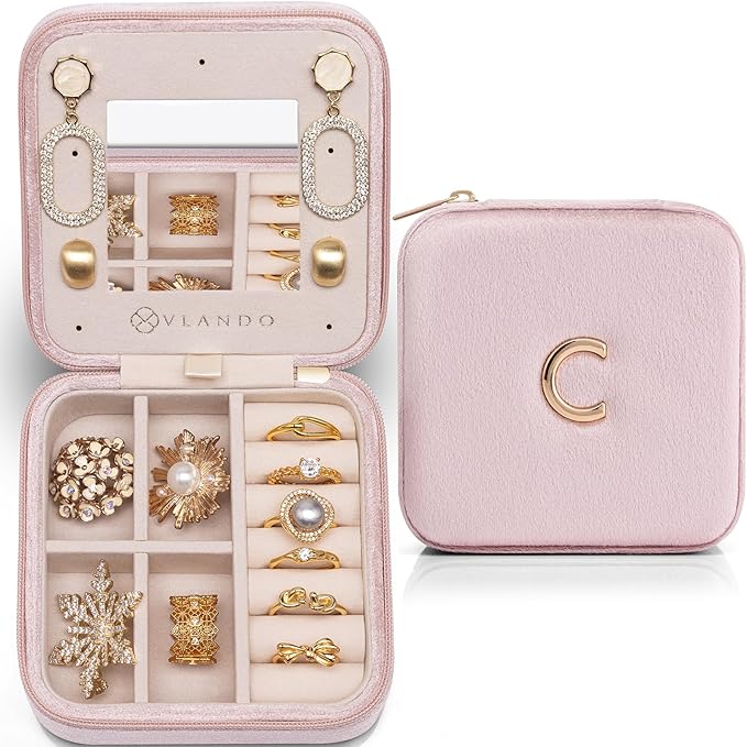 Vlando Travel Essentials for Women Jewelry Box, Travel Accessories for Teen Girl Trendy Stuff, Necklace Organizer Earrings Ring Organizer, Travel Must Have Jewelry Organizer - Letter C, Pink