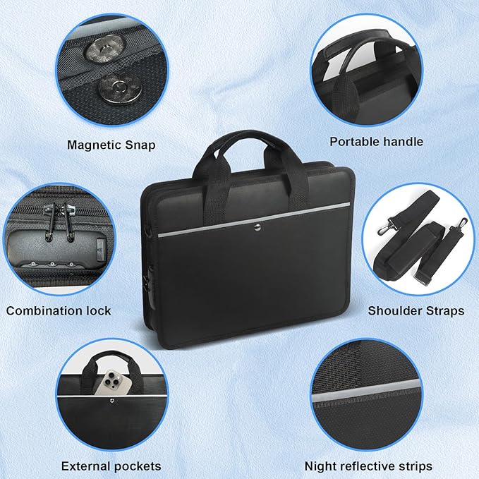 Accordion File Organizer with Lock and Shoulder Straps,Fireproof Waterproof Document Organizer Folder with Handle, Portable Large Capacity File Holder for Home Office School