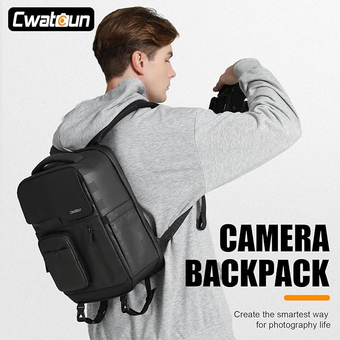 Cwatcun Waterproof Camera Backpack PU Leather Camera Bag with Tripod Holder, 14" Laptop Compartment for Canon Sony Nikon SLR DSLR Mirrorless Camera, Lens, Travel Photography Camera Bag Case