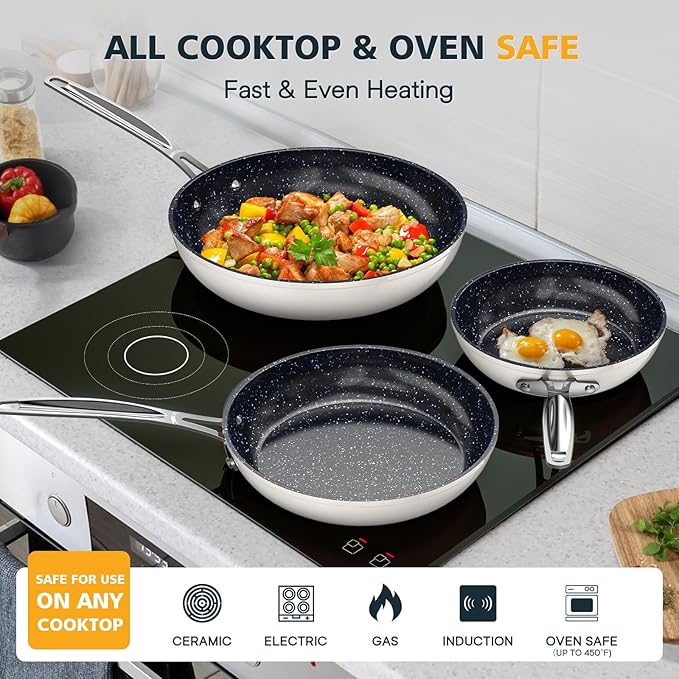 Nuwave 3-Piece 8”, 10”, 12” Forged Lightweight Frying Pan Set, G10 Healthy Duralon Blue Ceramic Ultra Non-Stick, Ergonomic Stay-Cool Handles, Induction-Ready & Works on All Cooktops