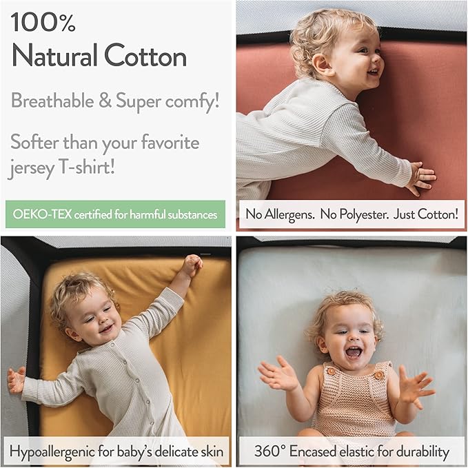 Pack and Play Sheets Fitted – Compatible with Graco Pack n Play Playard Crib and Other 27 x 39 Inch Playpen Mattress – Snuggly Soft 100% Jersey Cotton – Beige + Rusty Brown – 2 Pack