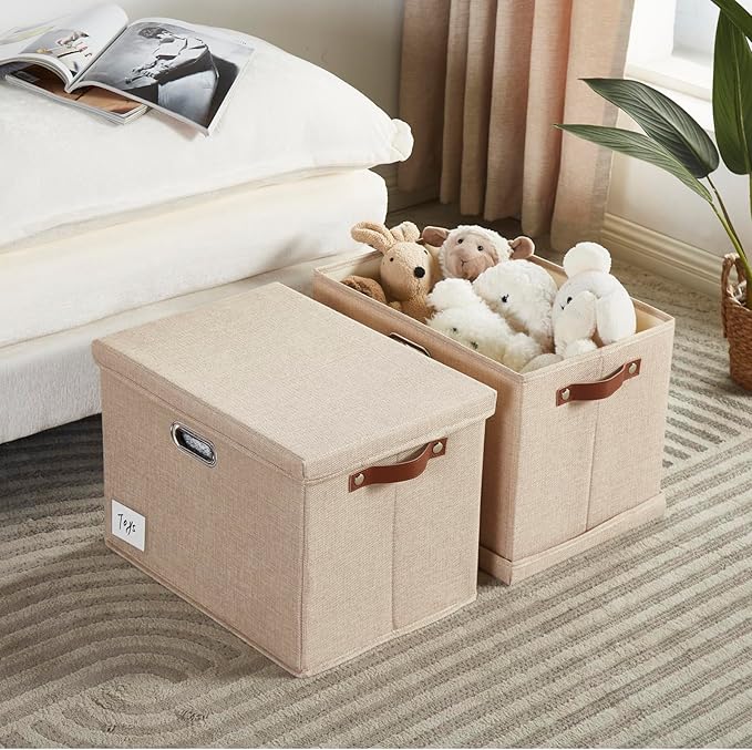 17" Large Collapsible Storage Bins with Lids, Stackable Closet Organizers with PU Handle and Labels, 3-Pack Decorative Fabric Storage Boxes for Home, Bedroom, Closet, Office, Nursery(Khaki)