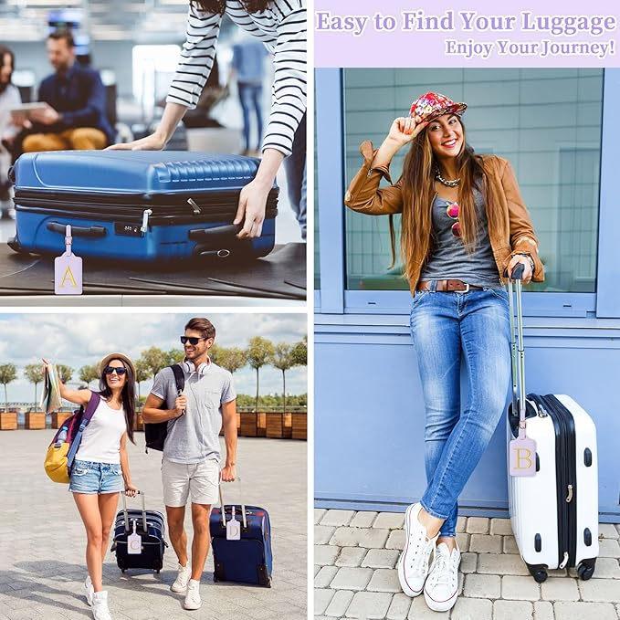 Personalized Initial Luggage Tags for Suitcase, Purple Leather Cute Luggage Tags with Privacy Cover Name Card, Embroidered Custom Monogrammed Luggage Tag Travel Backpack Tags Gifts for Women Kids(H)