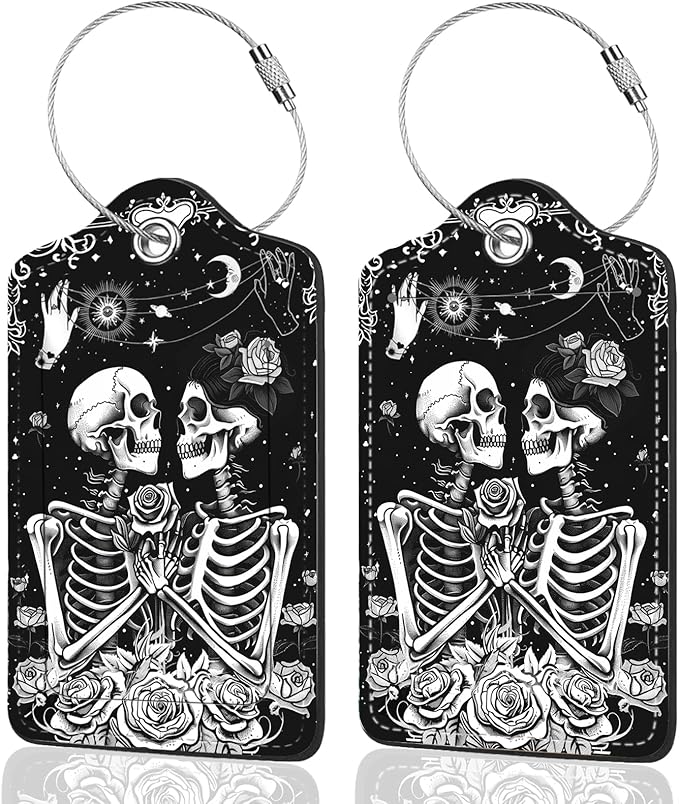 2Pack Luggage Tags for Suitcases, Cute Unique Pu Leather Cruise Luggage Tag with Privacy Cover ID Label Address Card and Metal Ring Suitable for Women Men Kids Travel Bag Skeletons and Flowers