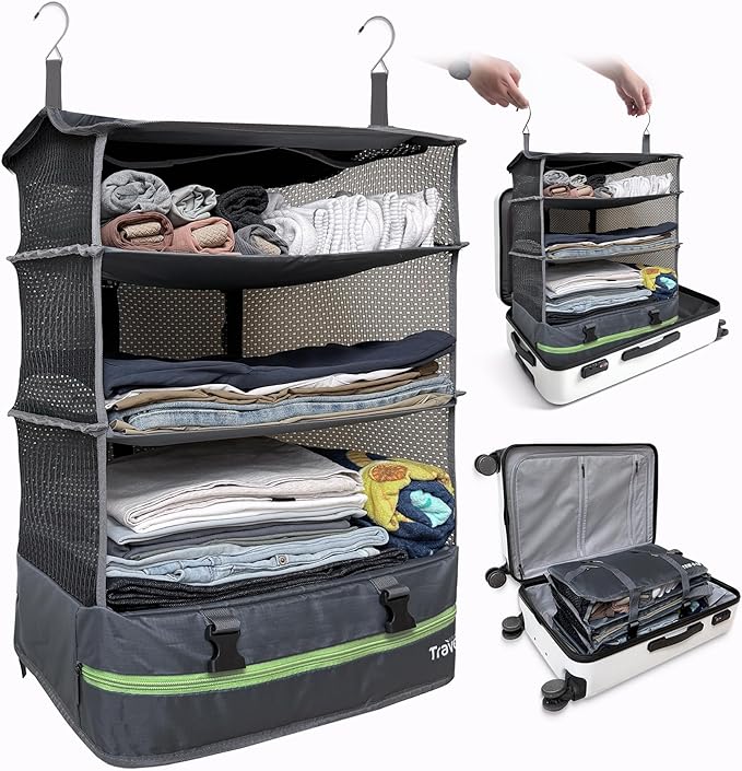 Stow-N-Go Portable Hanging Travel Shelves, Packing Organizer for Luggage. Carry on Closet for Clothes. Expandable Packing Cube. Travel Essentials. Dak Gray - XL