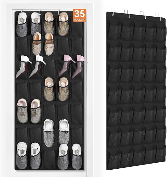 FENTEC 35 Large Pockets Over The Door Shoe Organizer, Mesh Hanging Shoe Organizer Shoe Rack for Closet Mesh Closet Shoe Holder, Over Door Organizer, Shoe Organizer for Wall, Black, 1 Pack