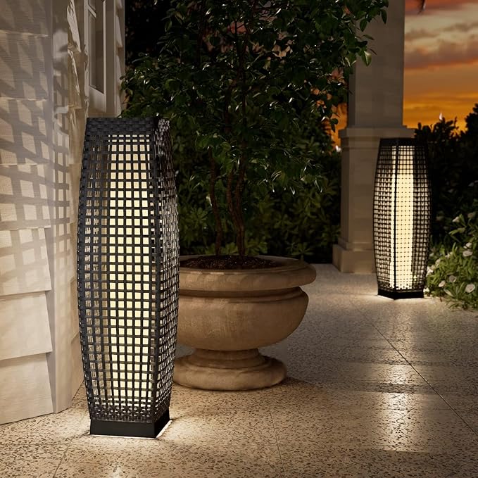 Grand patio Outdoor Floor Lamp Solar Powered Lantern Water-Resistant Wicker Deck Light for Garden or Porch - Medium Fuji, Silver Gray