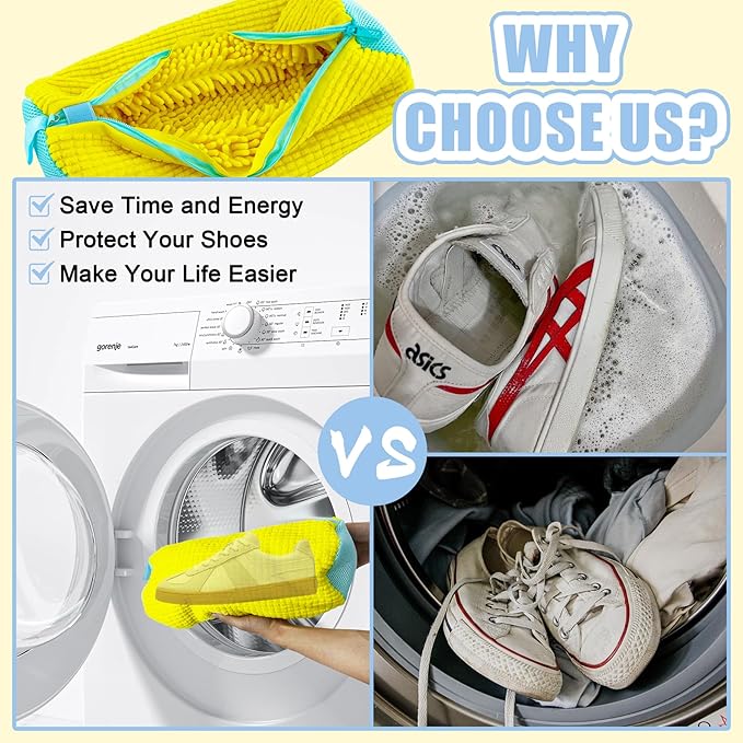 XXL Shoe Washing Machine Bag - 2-Pack Reusable Shoe Cleaning Bags, 360° Deep Clean for Tennis Shoes, Sneakers and Slippers, Includes 2 Storage Dust Bags (Yellow)