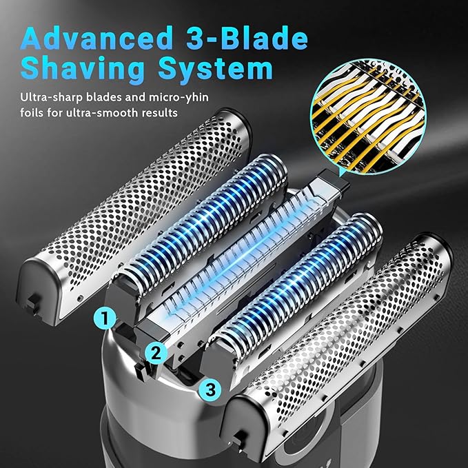 Electric Foil Shavers for Men: Mini Electric Razor, Foil Shaver for Face, IPX7 Waterproof Wet Dry Cordless Razor with 3 Floating Blades, LED Display, USB-C Fast Rechargeable for Travel & Home