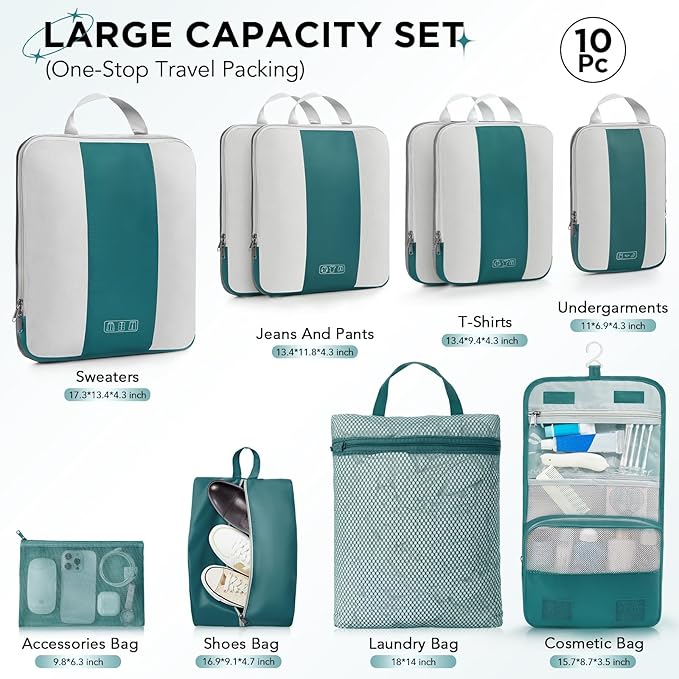 10 Set Compression Packing Cubes for Travel Essentials,Compressible Expandable Packing Cubes for Suitcase,OlarHike Luggage Organizer Bags,Handy Helper for Organizing Clothes(Dark Blue Green)