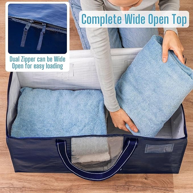 VENO 8 Pack Moving Bags, Comforter and Blanket Storage Bags for Closet, Moving Boxes, Boxes with Lids Alternative, College Dorm Packing Supplies, Foldable Heavy-Duty Tote with Window (Blue, 8 Pack)