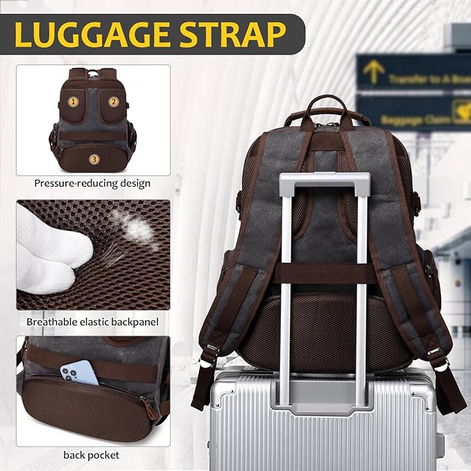 Travel Laptop Backpack 17.3 inch XL Computer Backpack for Men Waxed Canvas College Daypack Business Backpack Black Gray