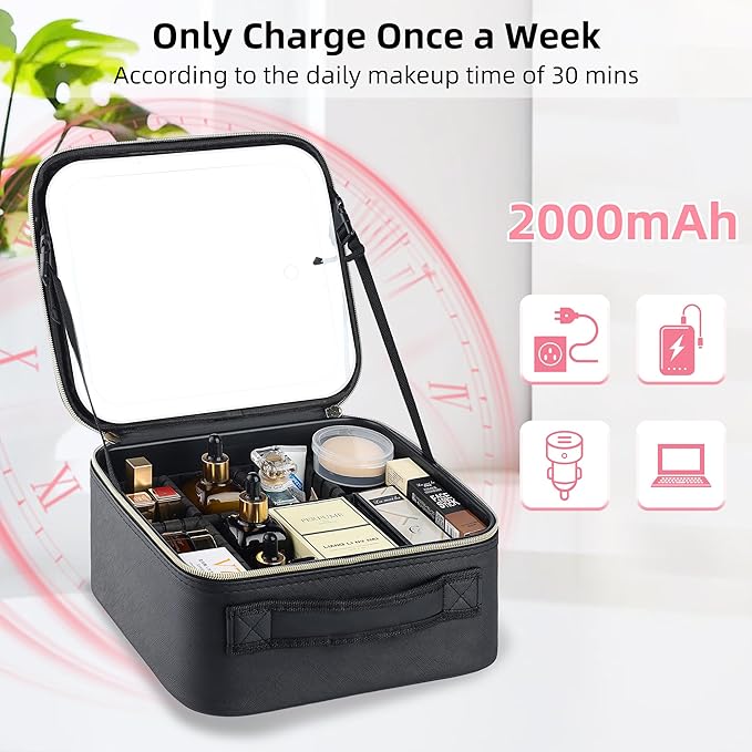 Travel Makeup Bag with LED Mirror – Waterproof Cosmetic Train Case with Adjustable Dividers, Portable Makeup Organizer and Toiletry Bag for Women, Teens & Girls Gift, Black
