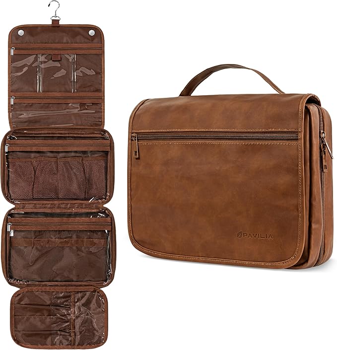 PAVILIA Hanging Toiletry Bag Women Men, Foldable Cosmetic Organizer Travel Bag, Water Resistant Makeup Bag Toiletries, Large Travel Essentials Kit (Brown)