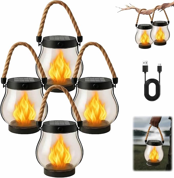Kaliqo Solar Lantern Outdoor Lights Solar Lantern Waterproof Flickering Flame Hanging Lanterns for Patio Yard Garden Decor (4 Pcs)