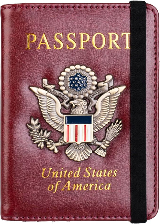 TOURSUIT RFID Blocking Passport Holder for Women Men, Leather Passport Travel Wallet with Metal 3D Metal Badge, Travel Document Holder Cover Accessories (Rose Red)