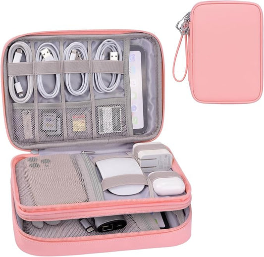 DDgro Electornics Travel Organizer Case for Cable/Cords/Charger/Tech Accessories, Large Pouch Bag for Woman (Pink, PU-Large)
