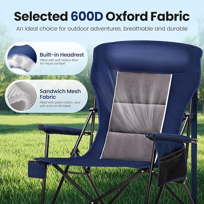 HIGH POINT SPORTS Oversized Camping Chairs for Adults, High Back Heavy Duty Lawn Chair Support 500LBS, Padded Portable Collapsible Chair with Cup Holder, Blue, 2 Pack
