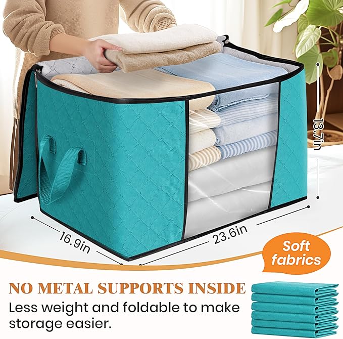 Fab totes 24 Gallons Clothes Storage, Foldable Thick Fabric Blanket Storage Bags, Containers for Organizing Bedroom, Closet, Clothing, Comforter, Organization with Handle (4 Pack,Green)