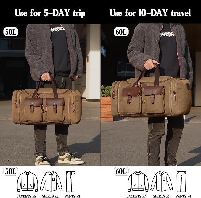 Canvas Duffle Bag for Men 50L Travel Duffel Bags Expandable Genuine Leather Duffel Overnight Weekender Carry On Bag Two Zipper Pockets Travel Bag (Coffee, Large-50L)