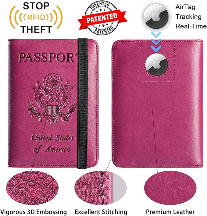 Airtag Passport Holder Cover Wallet Travel Essentials RFID Blocking Leather Card Case International Must Haves Travel Accessories for Women Men(119#Purple)