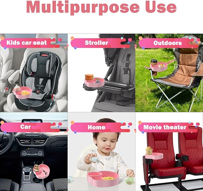 Kids Car Seat Tray, Travel Tray with Cup Holder for Toddler Baby, Kids Car Seat Food Snack Organizer for Road Trip, Stroller Snack Tray Travel Must Haves Toddler Must Haves (Pink)